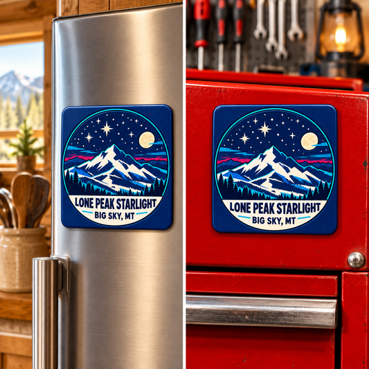 Square Big Sky Lone Peak Starlight magnet shown on a refrigerator and toolbox