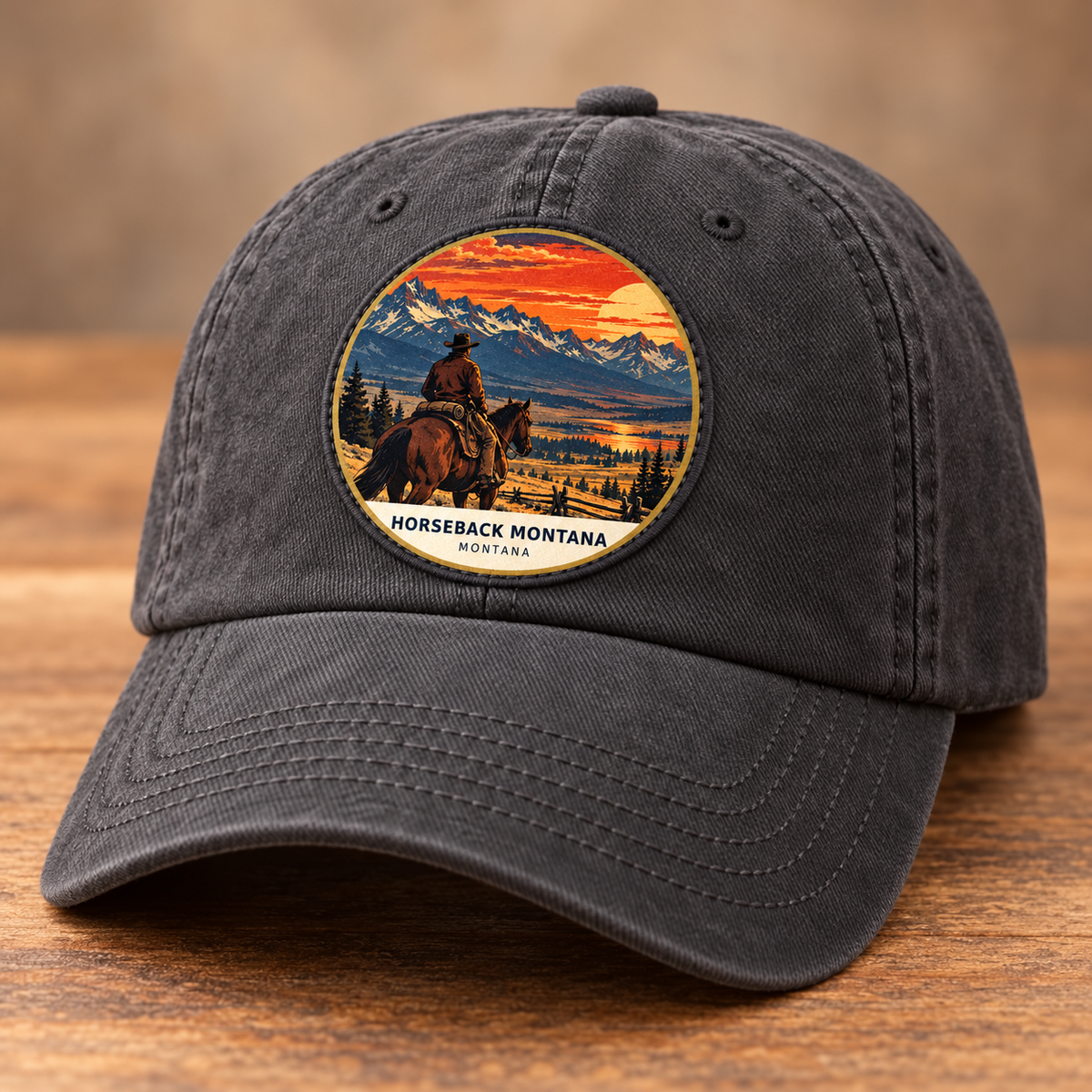 Horseback Montana Retro patch lifestyle on charcoal cap