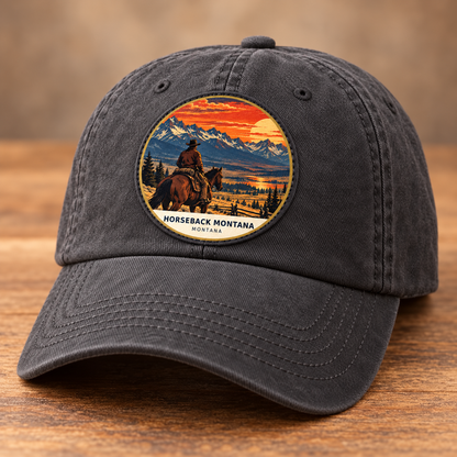 Horseback Montana Retro patch lifestyle on charcoal cap
