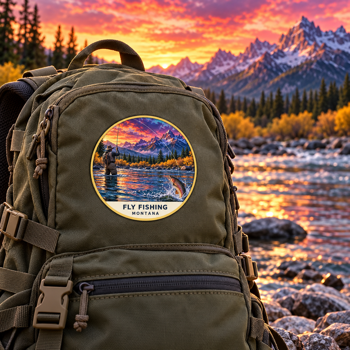 Fly Fishing Fusion UV printed patch on a backpack