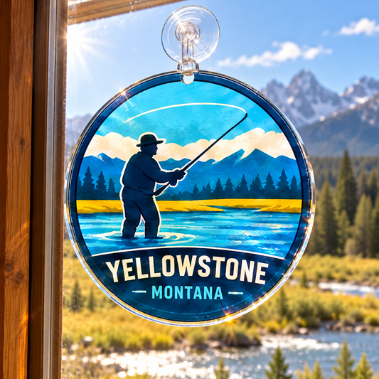 Yellowstone fly fisherman acrylic suncatcher hanging in a sunny cabin window