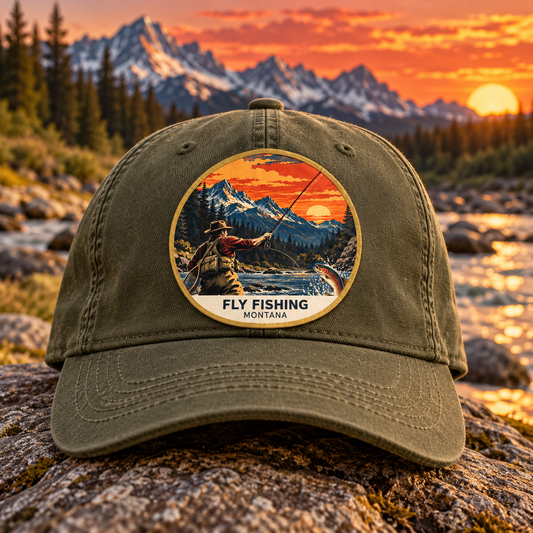 Fly Fishing Retro UV printed patch on a cap