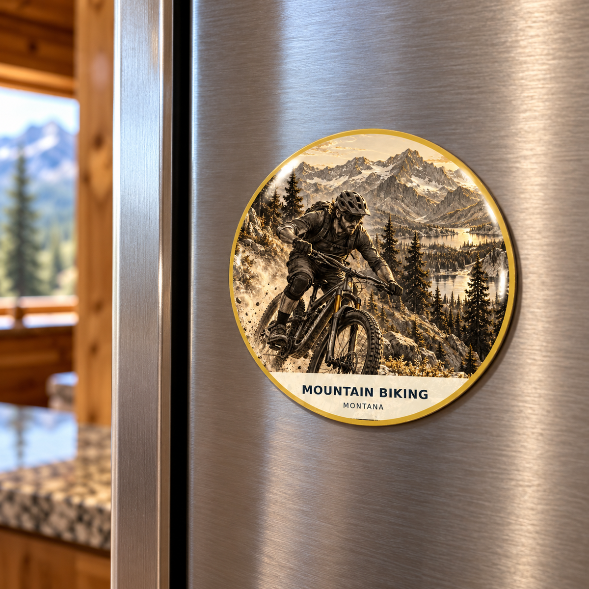 Mountain Biking Signature printed magnet on a refrigerator