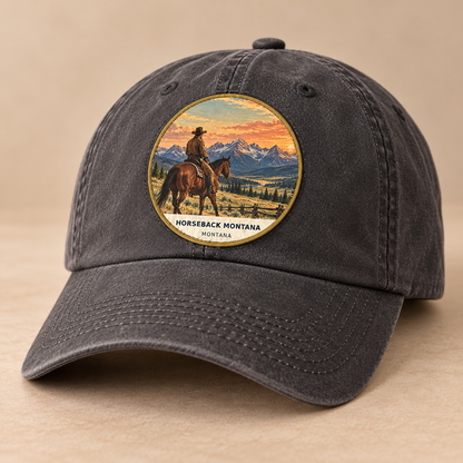 Horseback Montana Classic patch lifestyle on charcoal cap