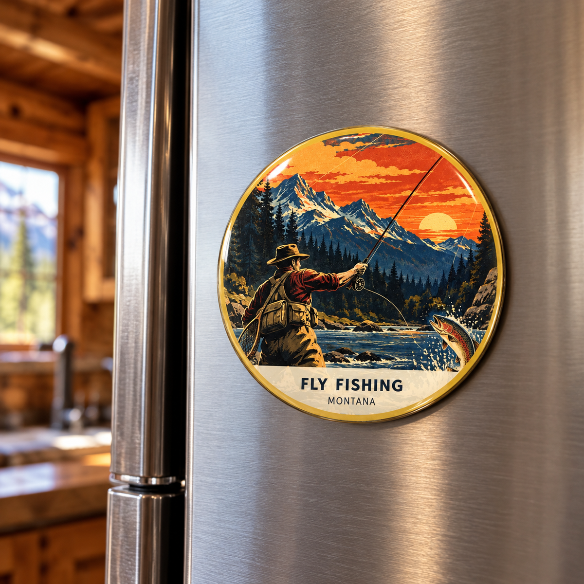 Fly Fishing Retro printed magnet on a refrigerator