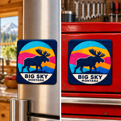 Square Big Sky Moose magnet shown on a refrigerator and toolbox
