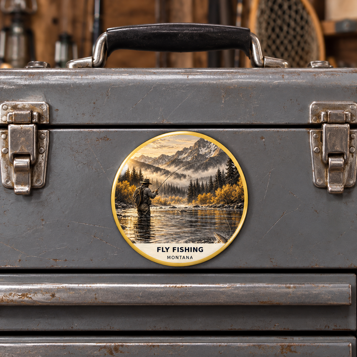 Fly Fishing Signature printed magnet on a toolbox