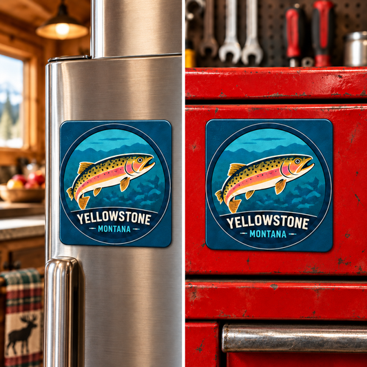 Square Cutthroat Trout magnet shown on a refrigerator and toolbox