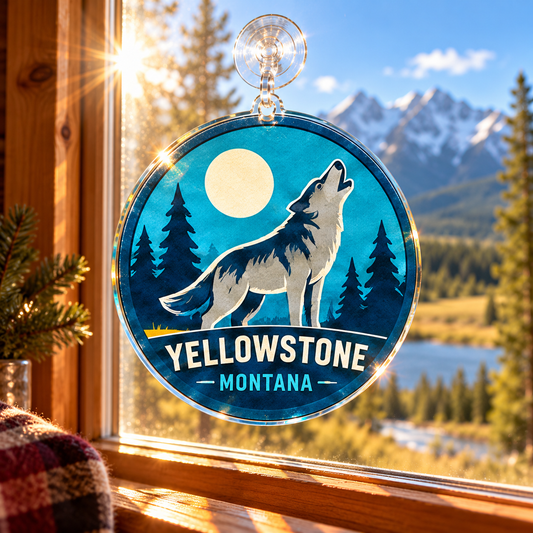 Yellowstone Wolf acrylic suncatcher hanging in a sunny cabin window