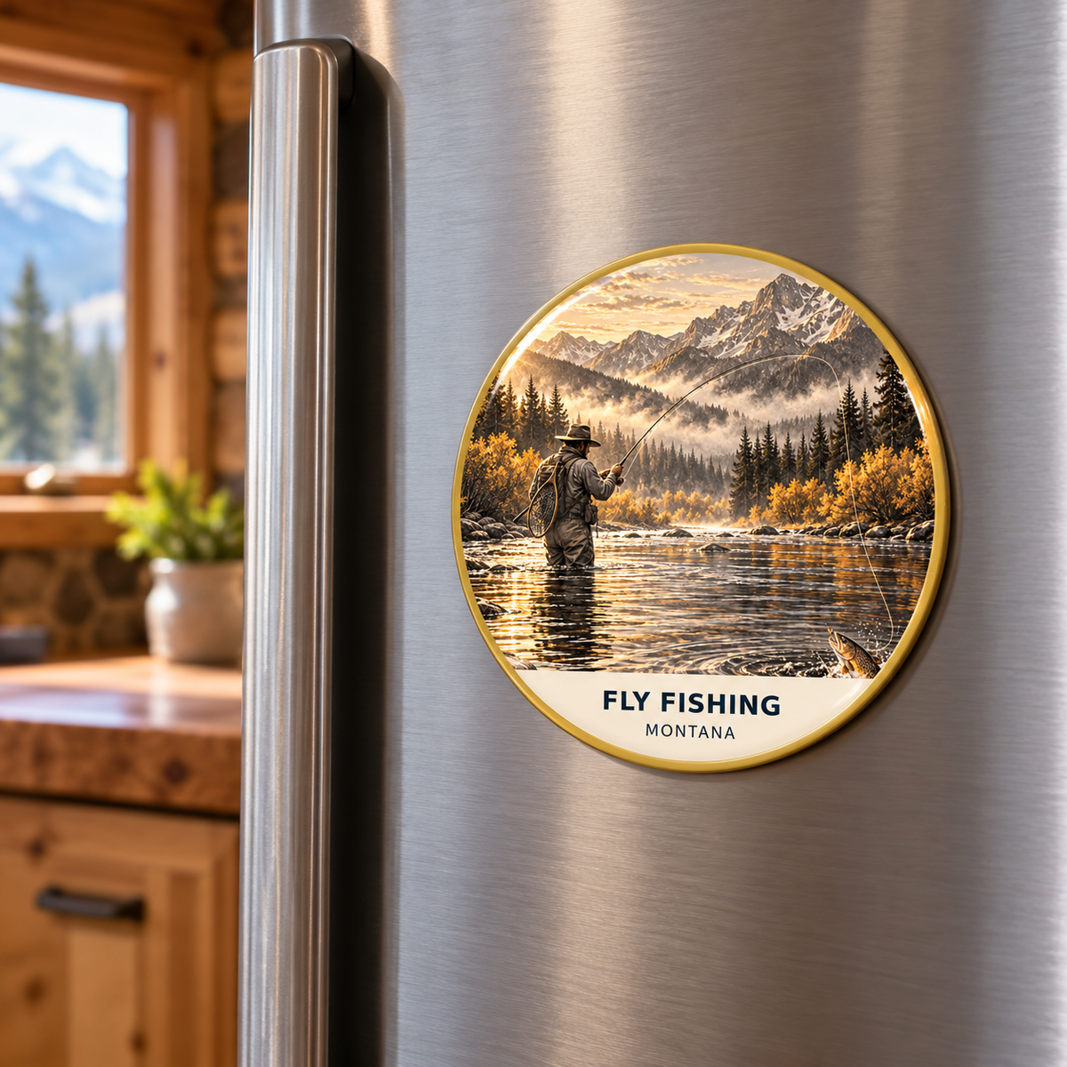 Fly Fishing Signature printed magnet on a refrigerator