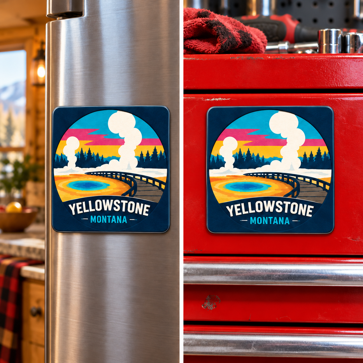 Square Yellowstone Old Faithful magnet shown on a refrigerator and toolbox