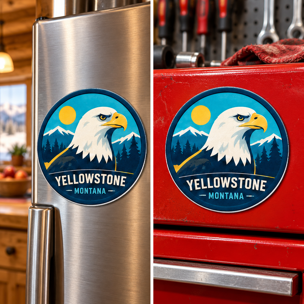 Yellowstone — Bald Eagle Magnet lifestyle scene: refrigerator and toolbox