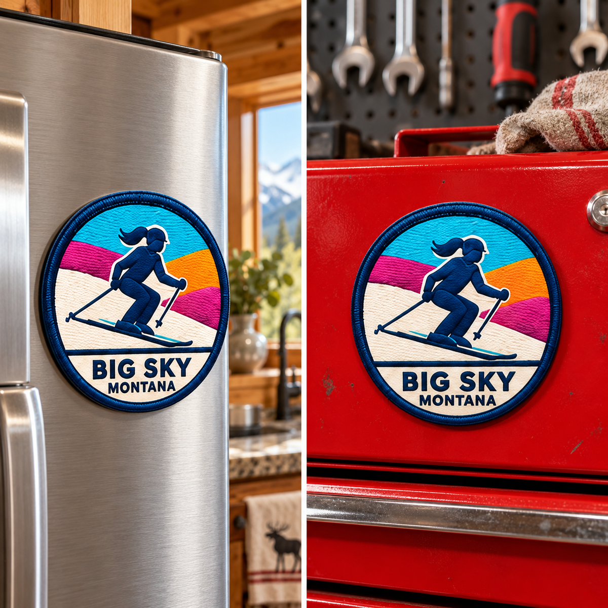 Big Sky Montana — Girl Skier Magnet lifestyle scene: refrigerator and toolbox