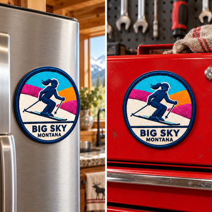 Big Sky Montana — Girl Skier Magnet lifestyle scene: refrigerator and toolbox