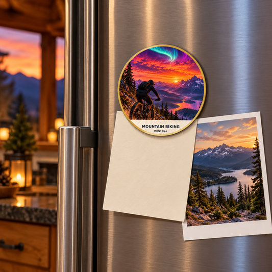 Mountain Biking Fusion 2-inch magnet shown on a refrigerator