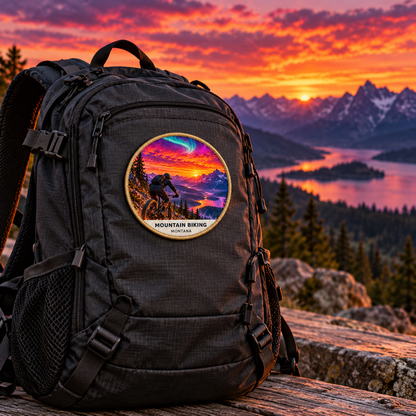 Mountain Biking Fusion 2-inch patch shown on a backpack