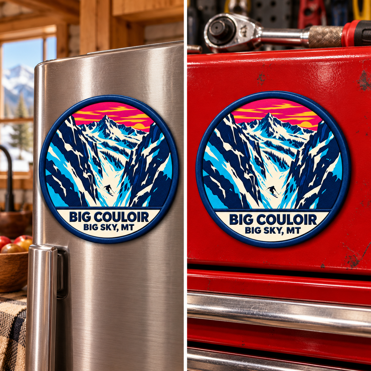 Big Sky Montana — Big Couloir Magnet lifestyle scene: refrigerator and toolbox