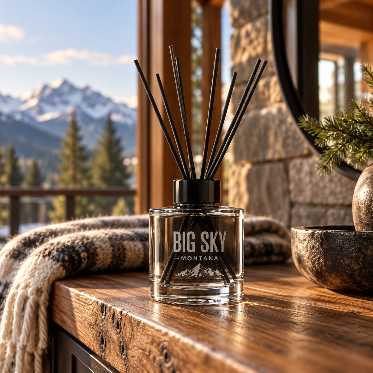 Big Sky Shadow 4 oz glass reed diffuser on a Montana cabin console