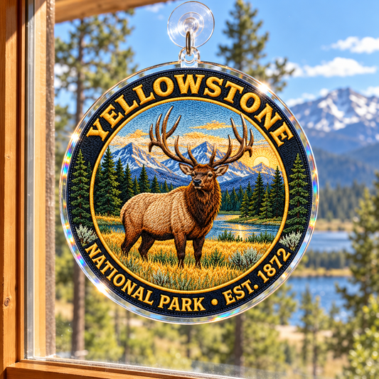 Yellowstone National Park Elk acrylic suncatcher in a sunny lodge window