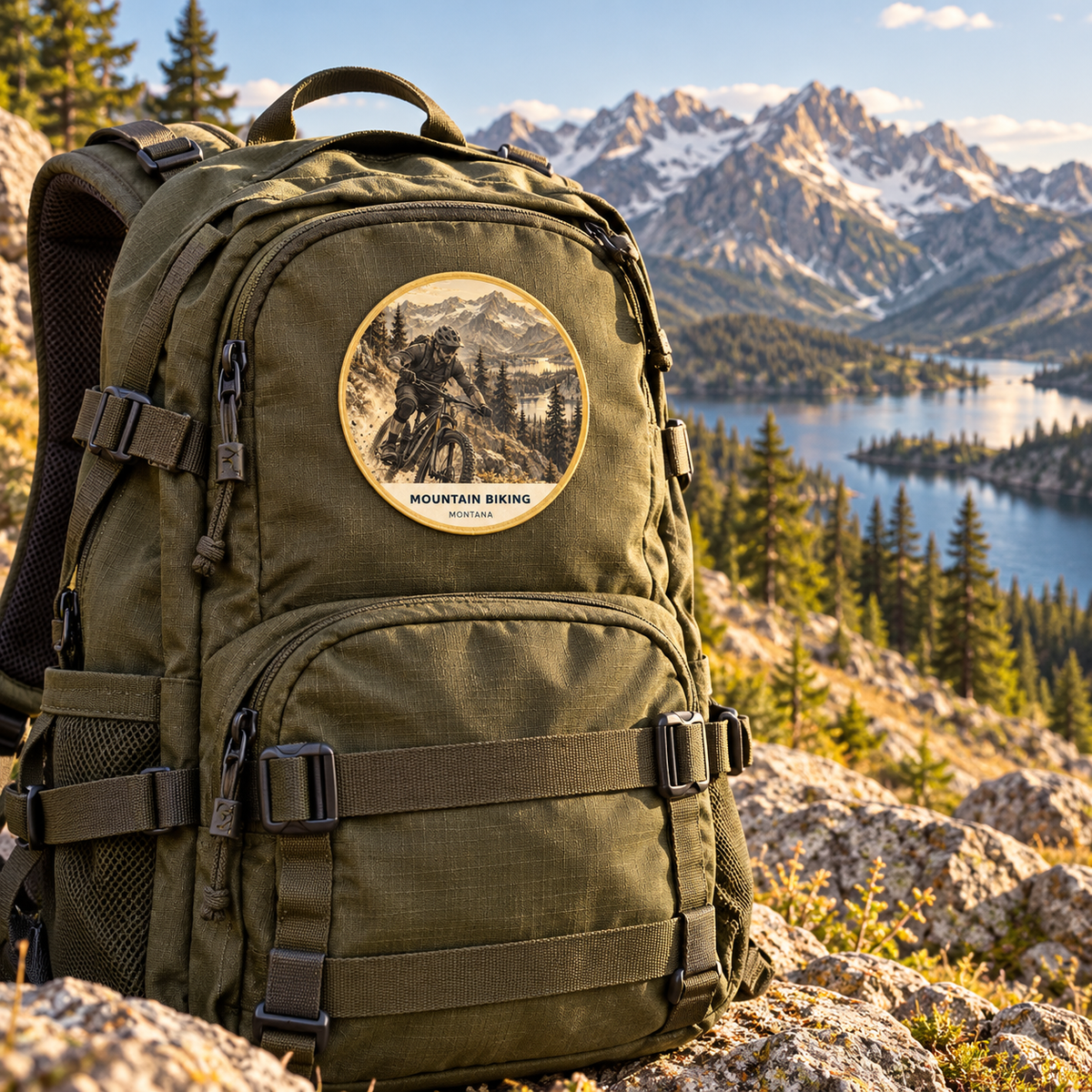 Mountain Biking Signature UV printed patch on a backpack