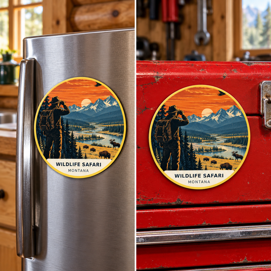 Wildlife Safari Magnet - Retro shown on a refrigerator and toolbox