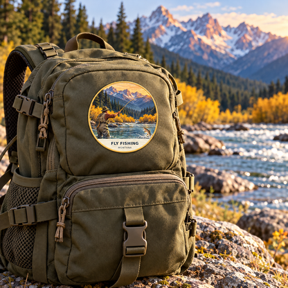 Fly Fishing Classic UV printed patch on a backpack
