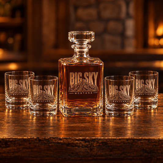 AI-generated product photo of the Big Sky Heritage decanter gift set with one decanter and four matching rocks glasses