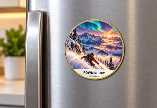 Powder Day Montana Fusion magnet on refrigerator