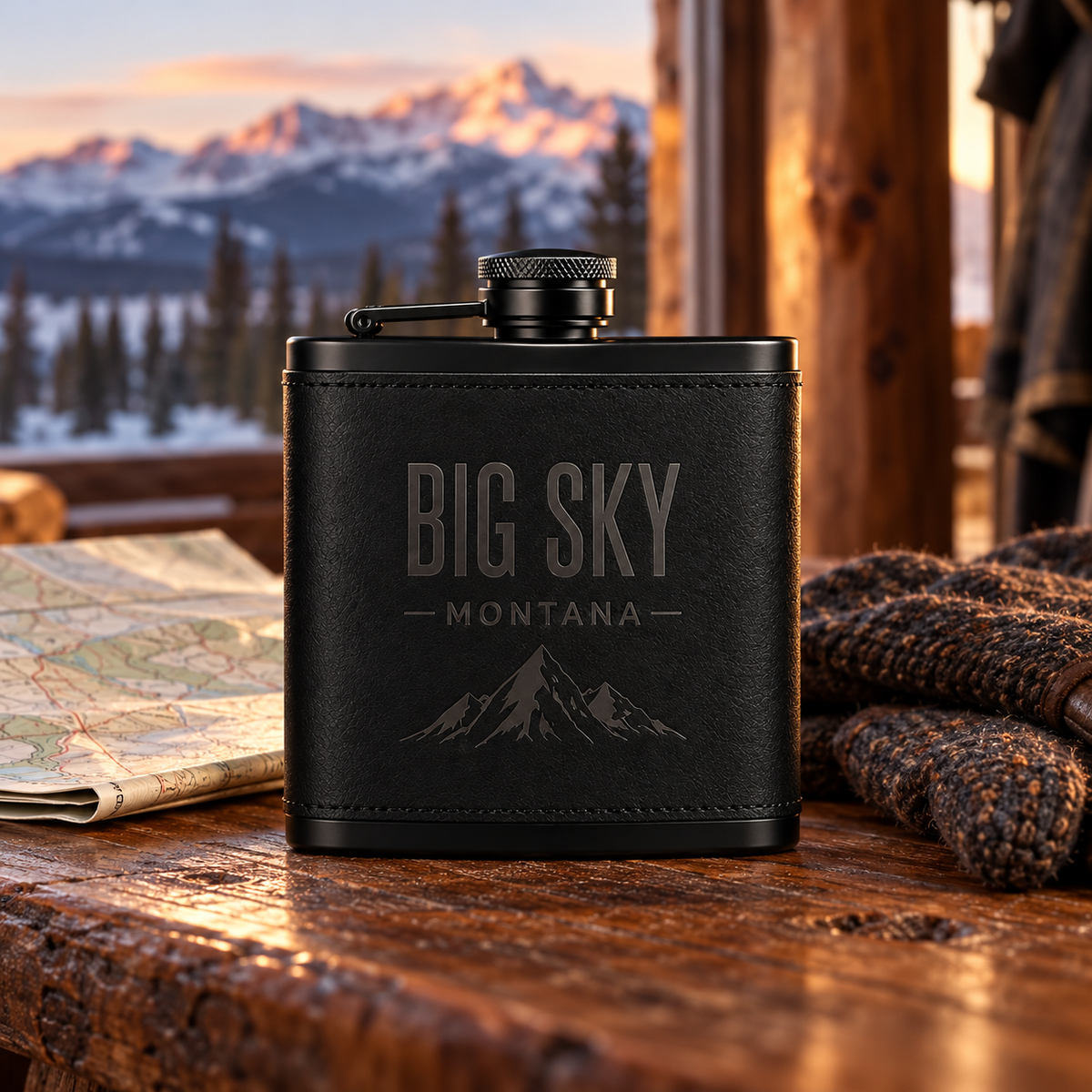 AI-generated lifestyle photo of the Big Sky Shadow 8 oz black leather-wrapped flask on a Montana lodge entry table