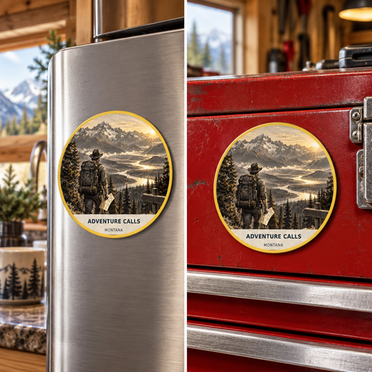 Adventure Calls Magnet - Signature shown on a refrigerator and toolbox