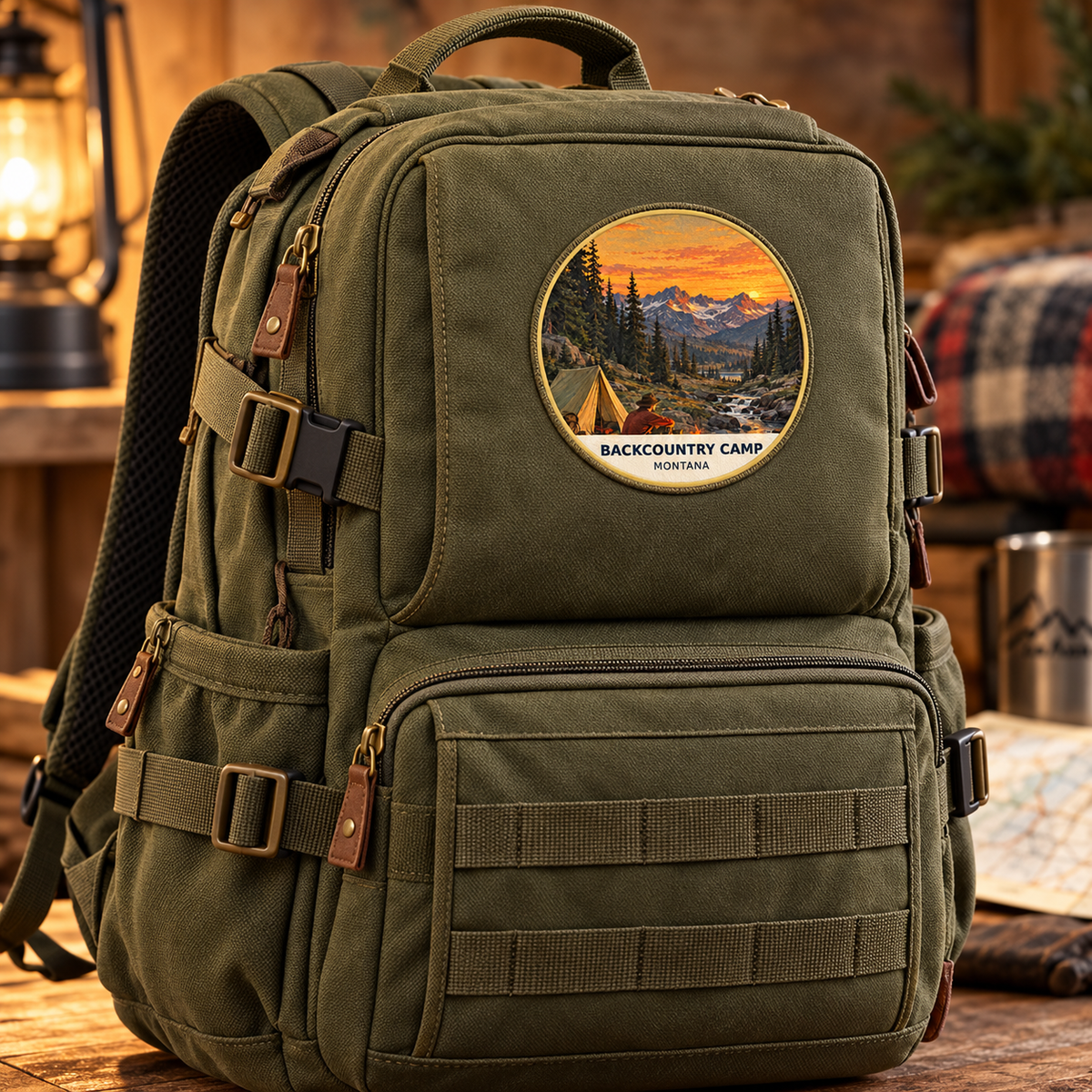 Backcountry Camp Classic patch lifestyle on olive backpack