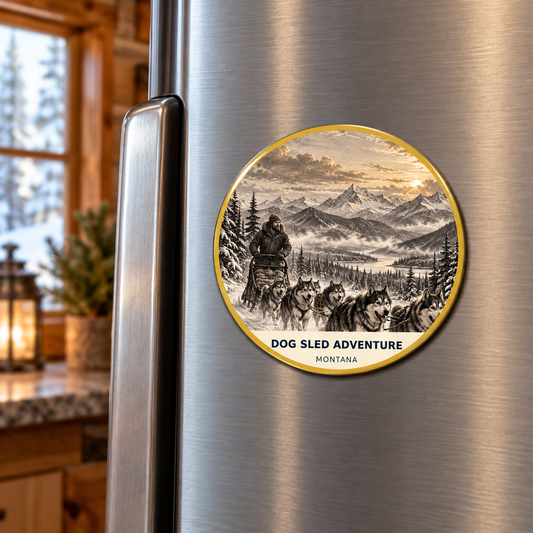 Dog Sled Adventure Signature printed magnet on a refrigerator