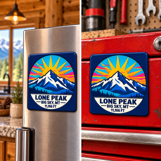 Square Big Sky Lone Peak magnet shown on a refrigerator and toolbox