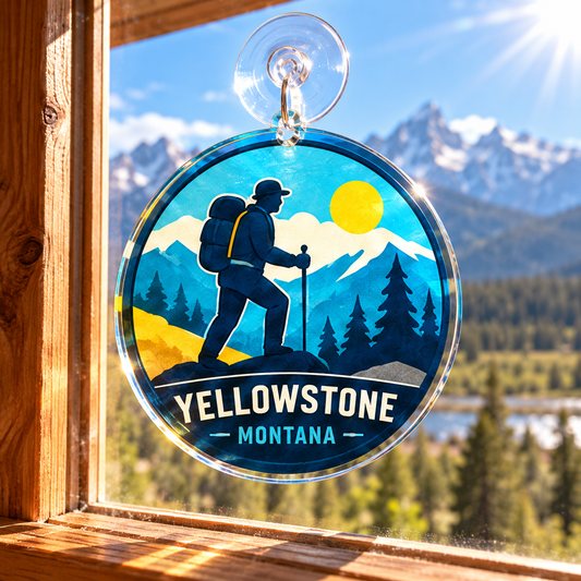 Yellowstone hiking acrylic suncatcher hanging in a sunny cabin window