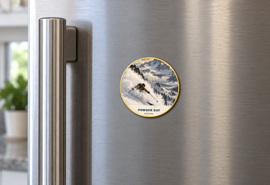 Powder Day Montana 2-inch round magnet on refrigerator