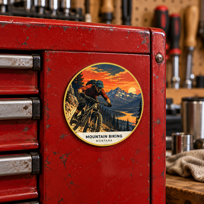 Mountain Biking Retro 2-inch magnet shown on a toolbox