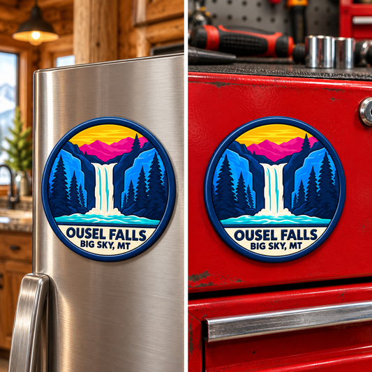 Big Sky Montana — Ousel Falls Magnet lifestyle scene: refrigerator and toolbox