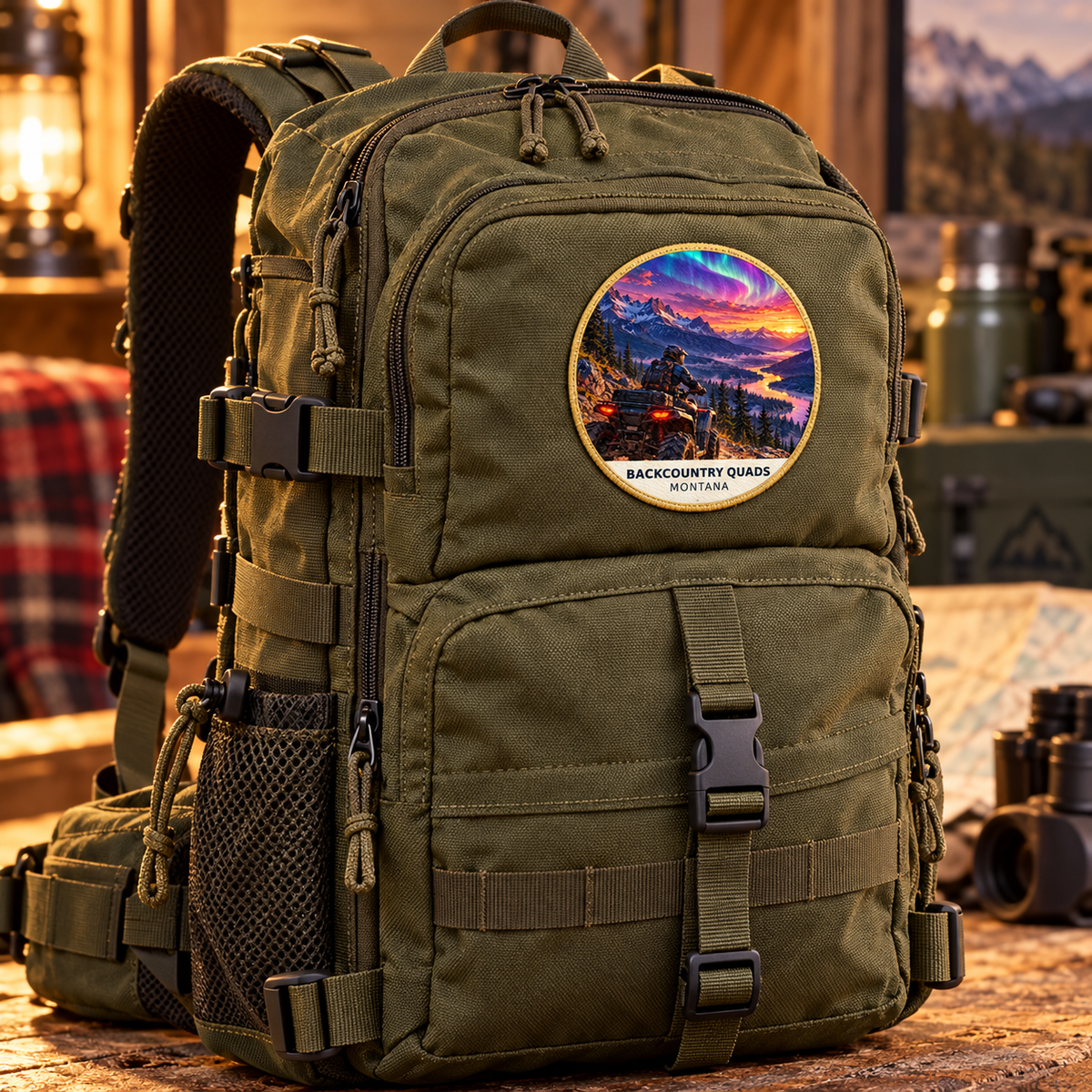 Backcountry Quads Fusion patch lifestyle on olive backpack