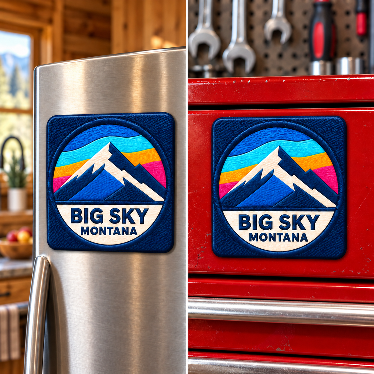 Square Signature Big Sky Mountain magnet shown on a refrigerator and toolbox