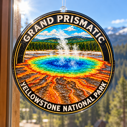 Yellowstone Grand Prismatic acrylic suncatcher hanging in sunlight