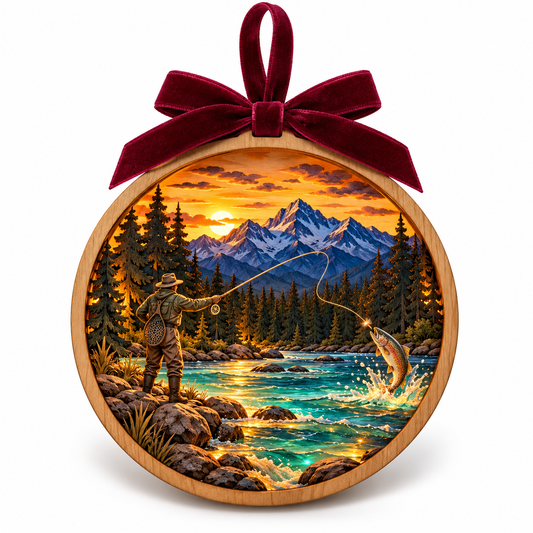 Big Sky Montana — Fly Fisherman light-up ornament in the original simple natural-wood frame with burgundy bow