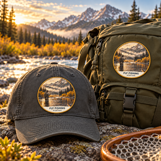 Fly Fishing Montana Patch - Signature patch shown on a cap and hiking backpack