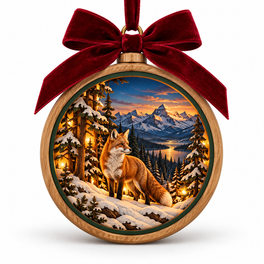 Big Sky Montana — Fox light-up ornament in the original simple natural-wood frame with burgundy bow