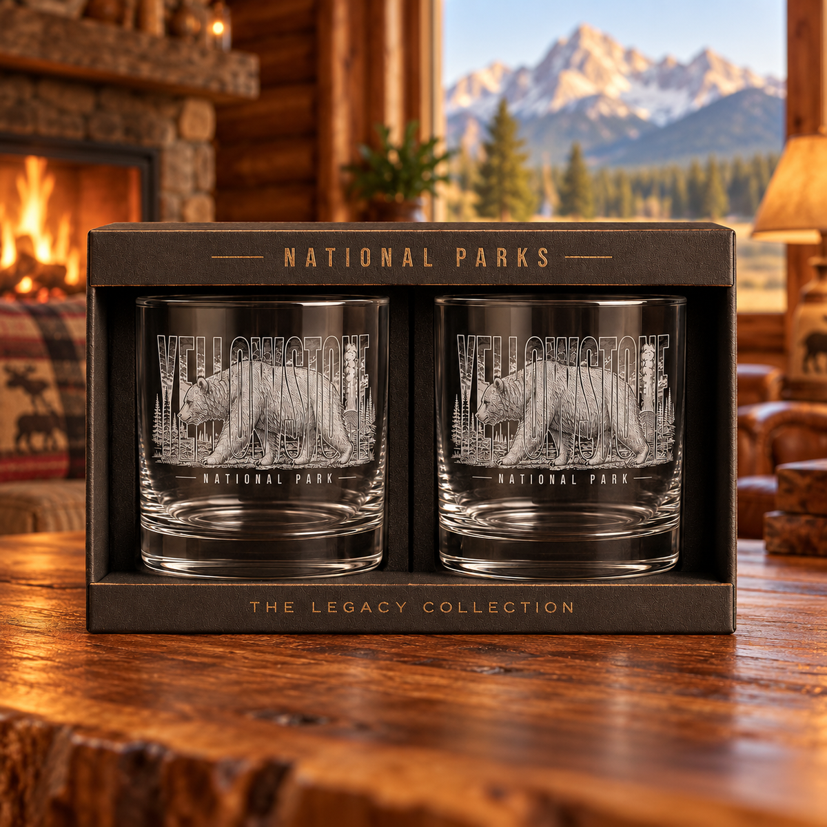 Yellowstone Grizzly rocks glass gift set — lodge lifestyle
