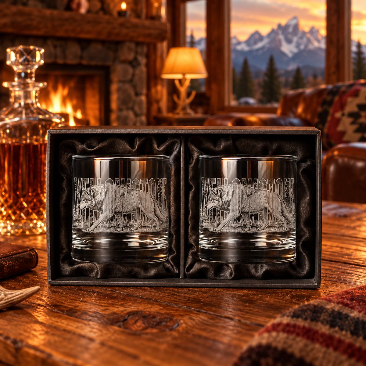 Yellowstone Wolf rocks glass gift set — lodge lifestyle