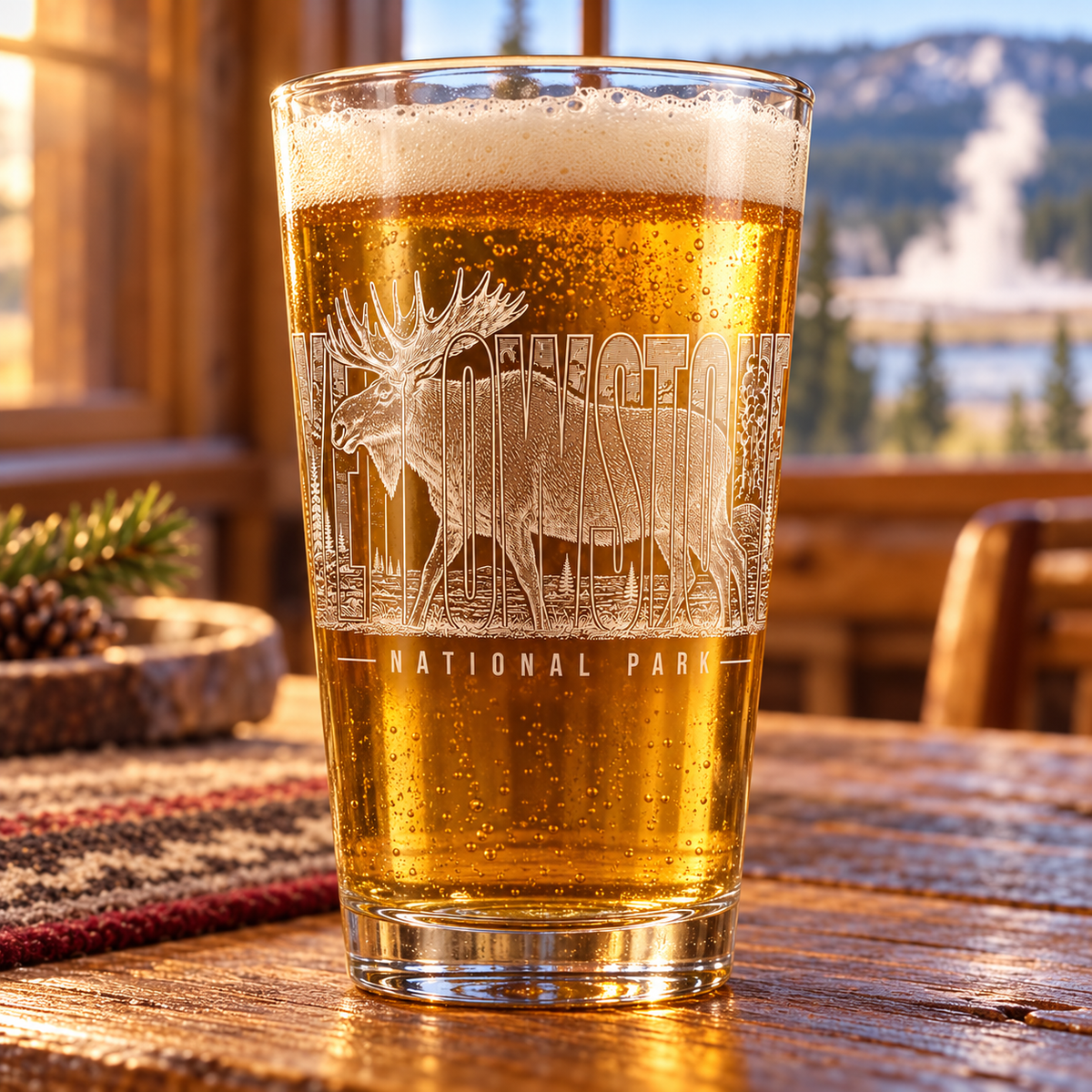 Yellowstone National Park Moose Beer Pint — lifestyle photo with beer at a Yellowstone lodge.