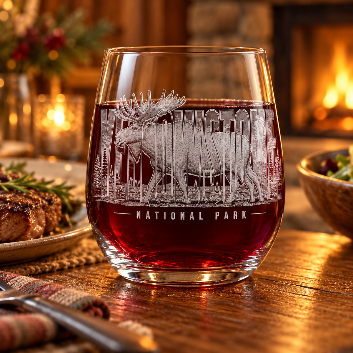 Yellowstone National Park Moose Stemless Wine Glass — lifestyle photo with red wine.