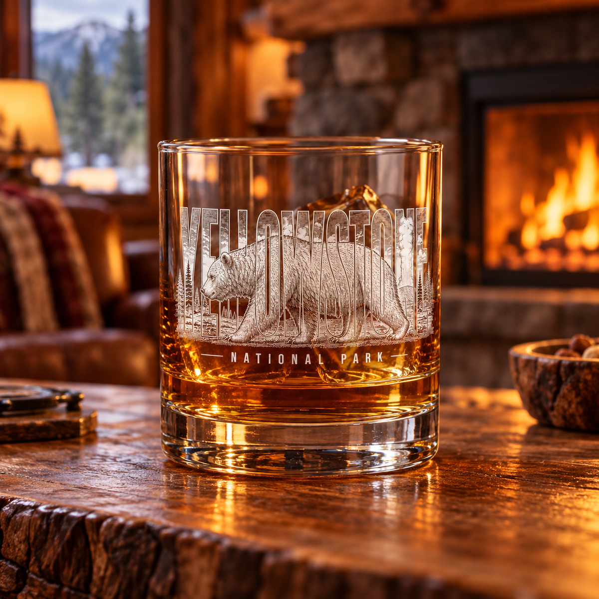 Yellowstone National Park Grizzly Rocks Glass — lifestyle photo with whiskey at a lodge.