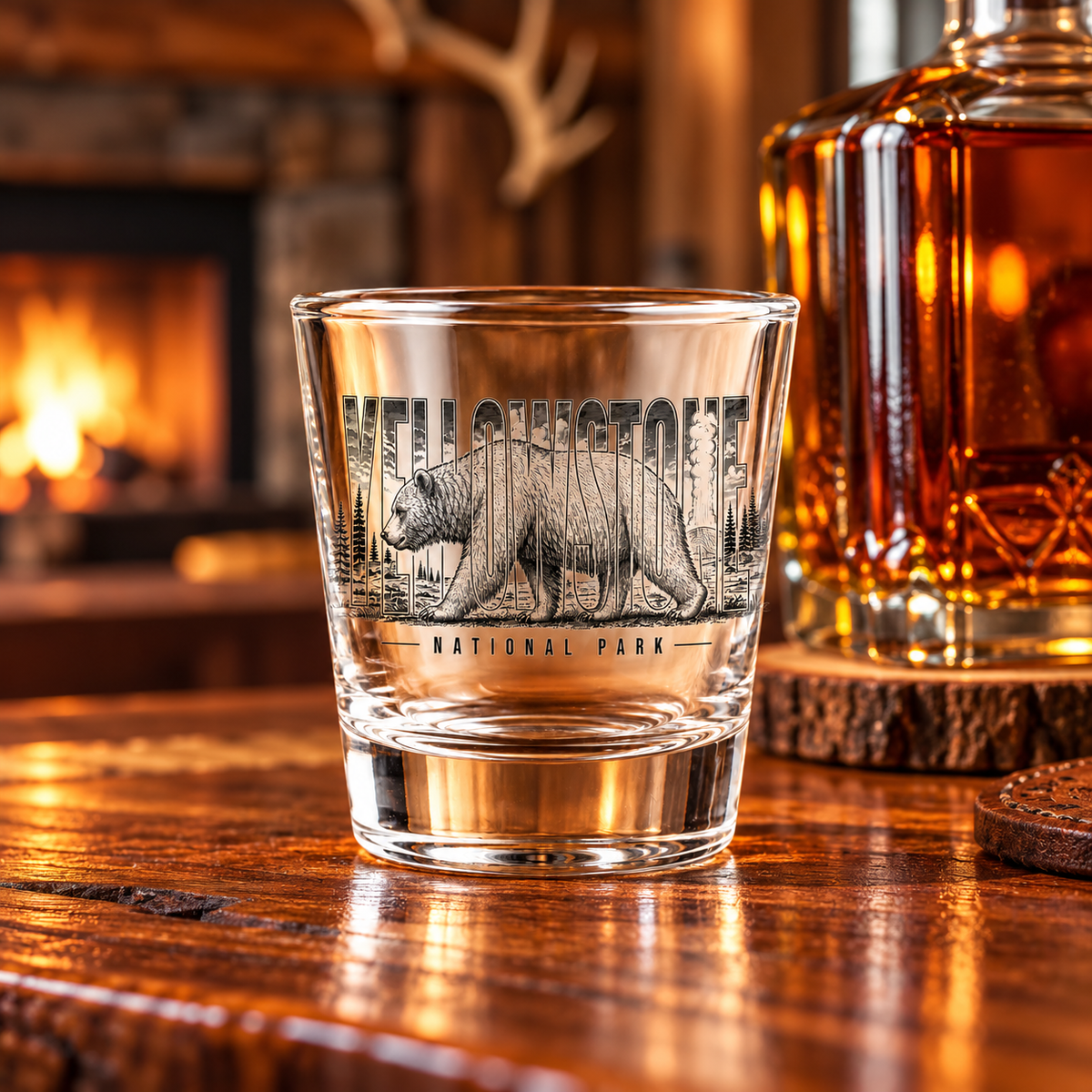 Yellowstone National Park Grizzly Shot Glass — lifestyle photo on a lodge bar.