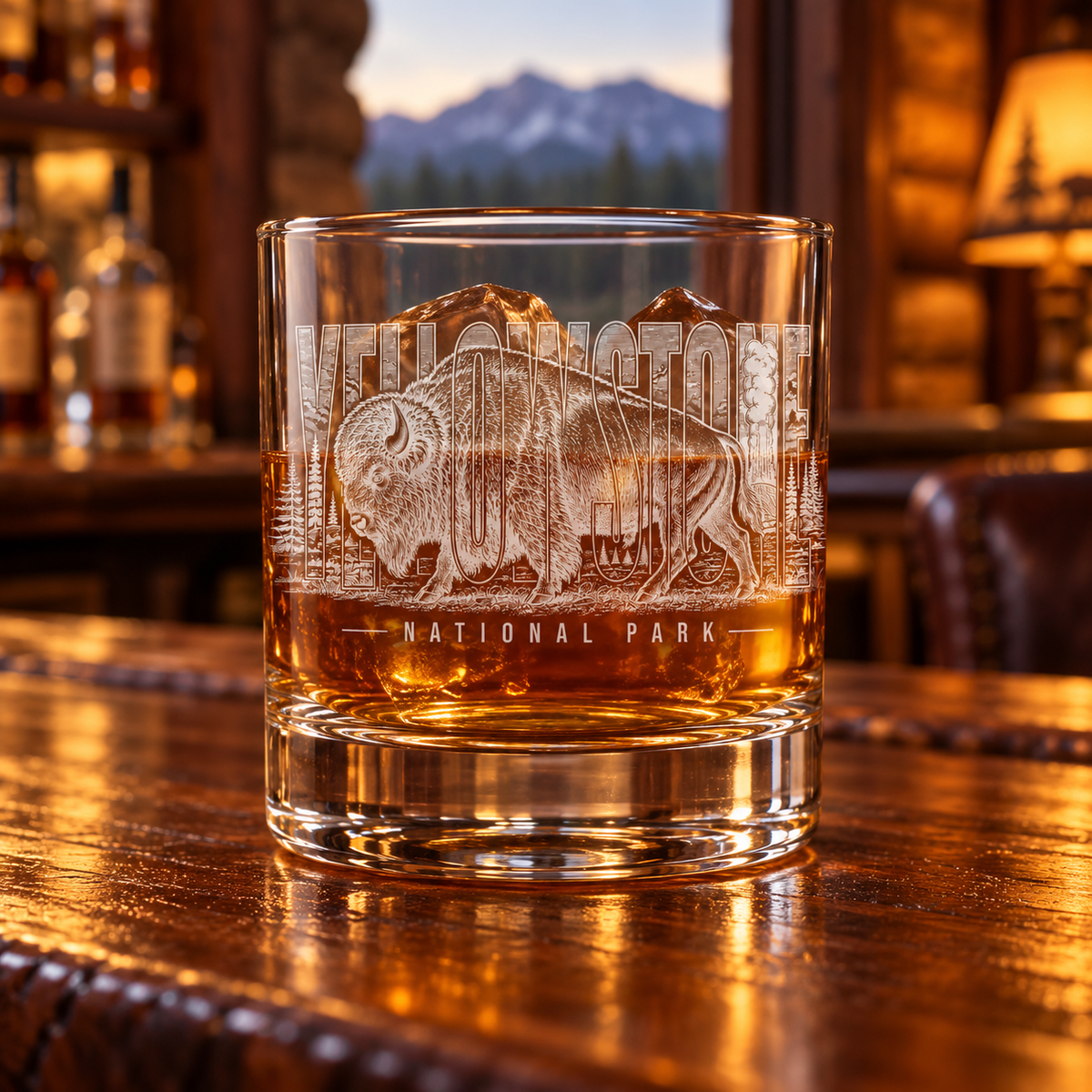 Yellowstone National Park Bison Rocks Glass — lifestyle photo with whiskey at a lodge.
